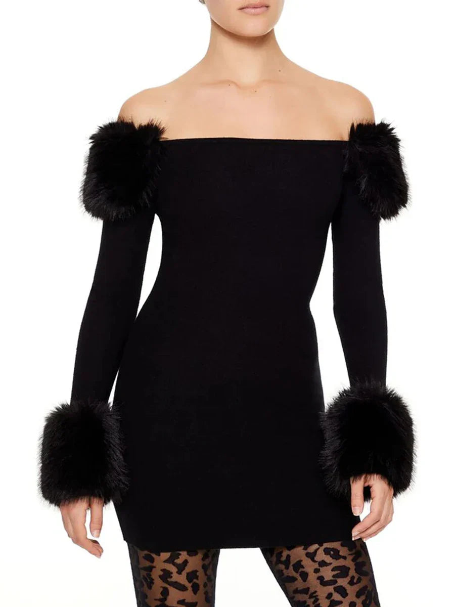 Black Off-Shoulder Fur Trim Mini Dress