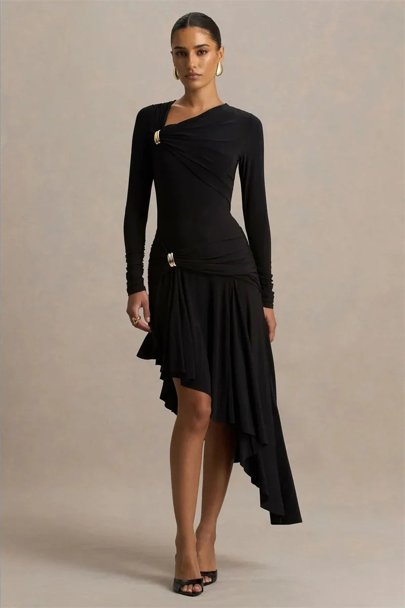 Asymmetrical Hem Metal Design Long Sleeve A-Line Dress