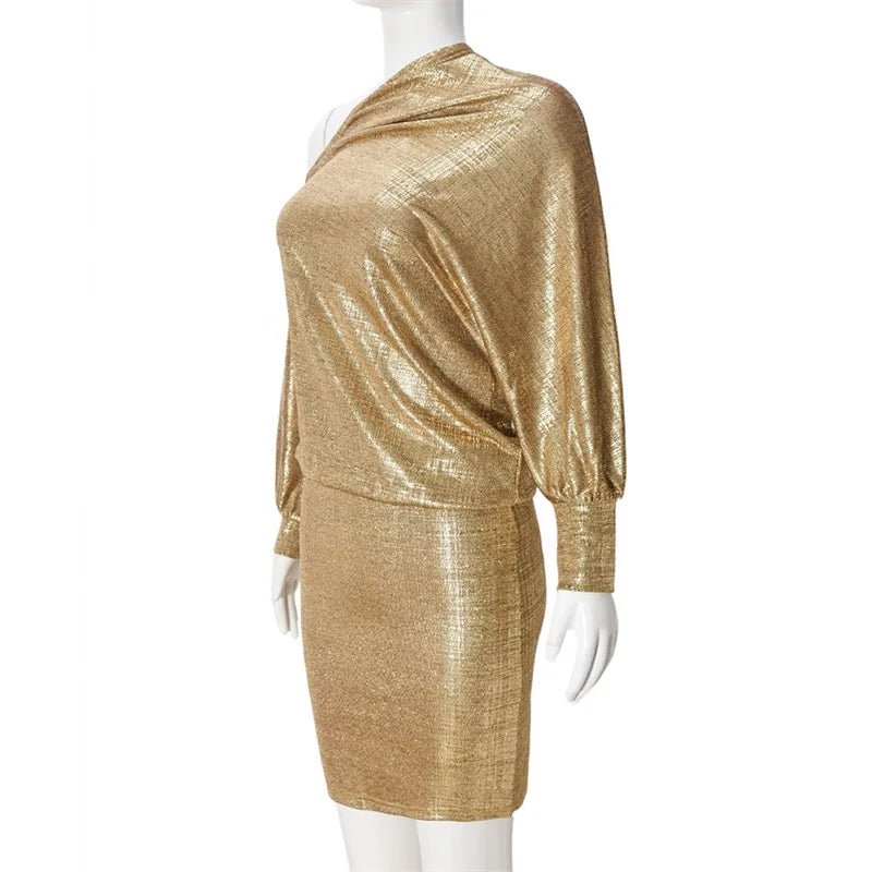 Gold Asymmetrical Sequin Long Sleeve One Shoulder Mini Dress