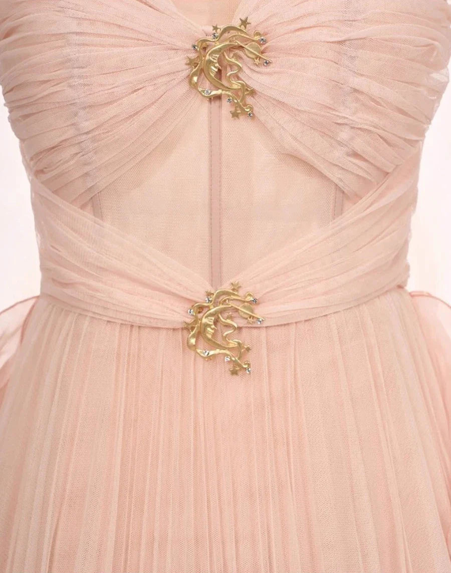 Pink Pleated Gold Brooch Cape Scarf Maxi Dress
