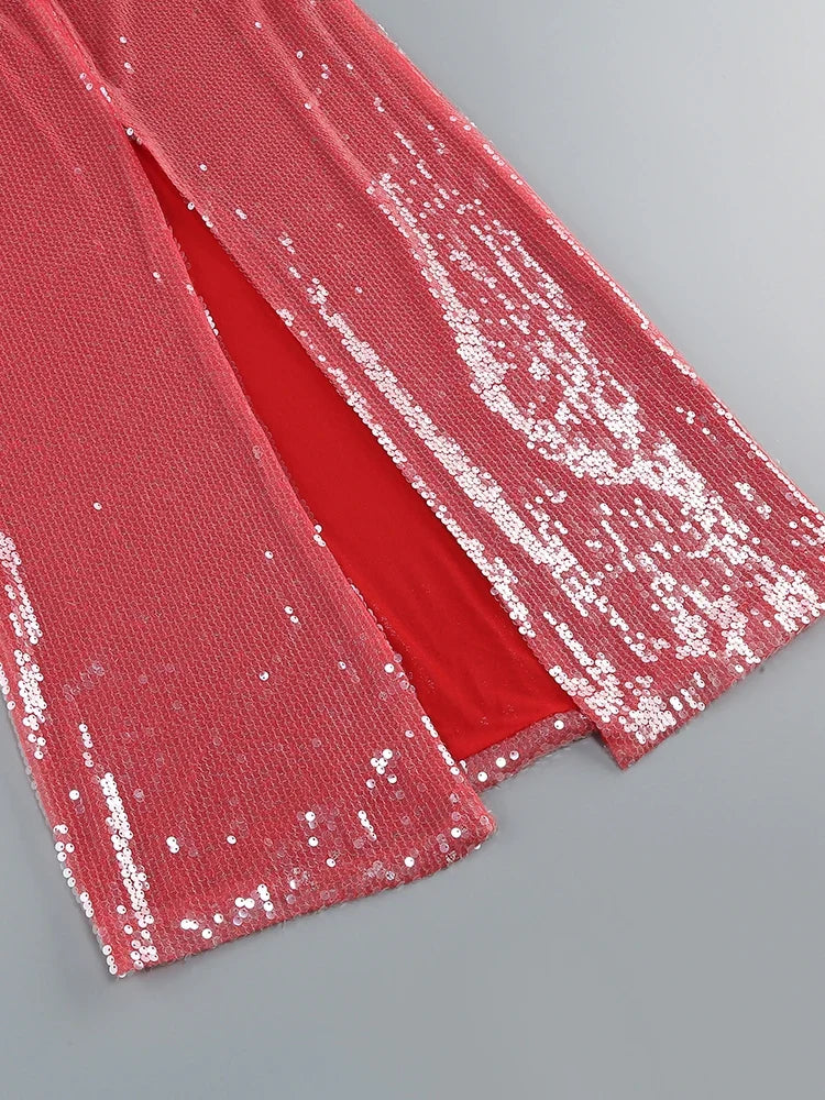 Pink Halter Deep V-Neck Sequin Gown with Fluid Drape