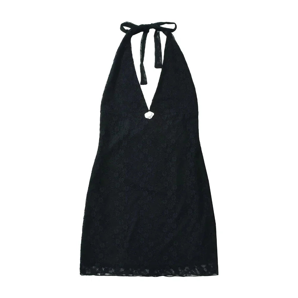 Black halter neck dress on a white background