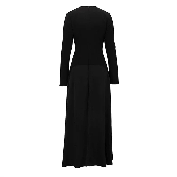 Black Long Sleeve Satin Patchwork Maxi Dress
