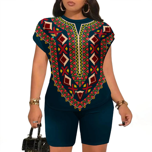 African printed 2 Piece Set for Women Casual Printing Two Piece Outfit O Neck Short Sleeve T Shirt Tops Shorts Suit