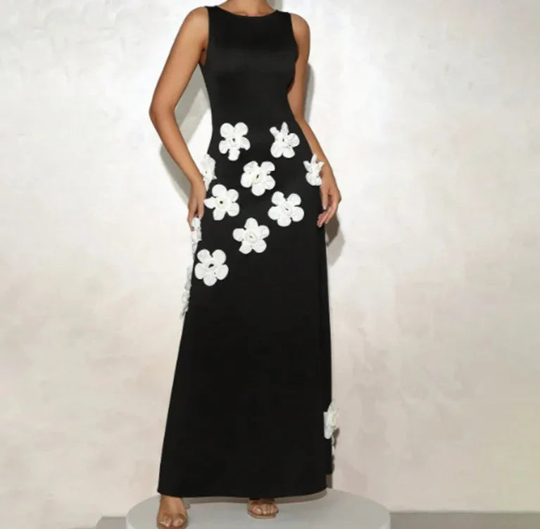 White Floral Embroidered Maxi Dress | Black 3D Flower Detail