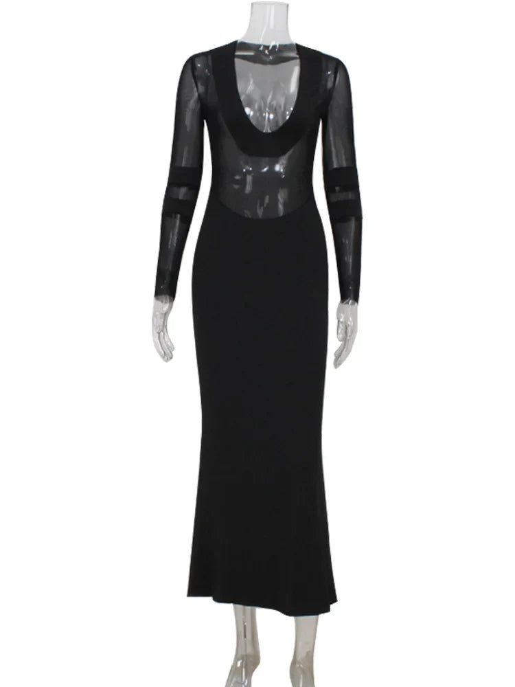 Black Sheer Deep V-Neck Maxi Dress – Sultry & Elegant Statement Gown