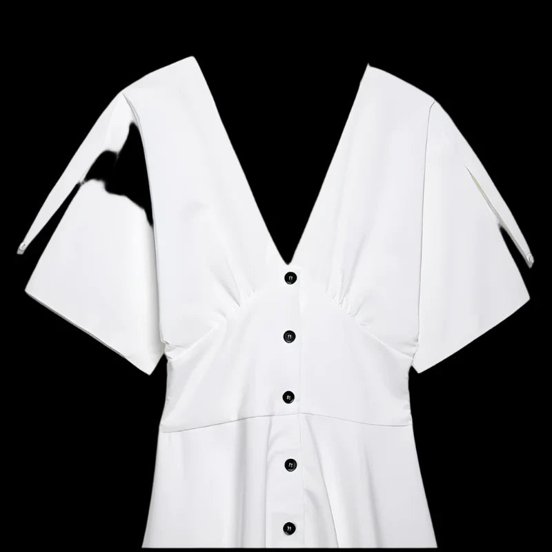 Vibe & Grace A-Line White Dress – V-Neck Empire Waist Midi with Button Front