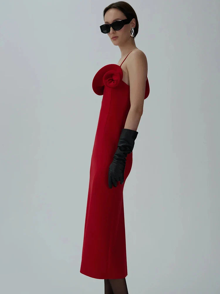 Red Ruffle Flower Strap Dress | Asymmetric Midi Evening Chic