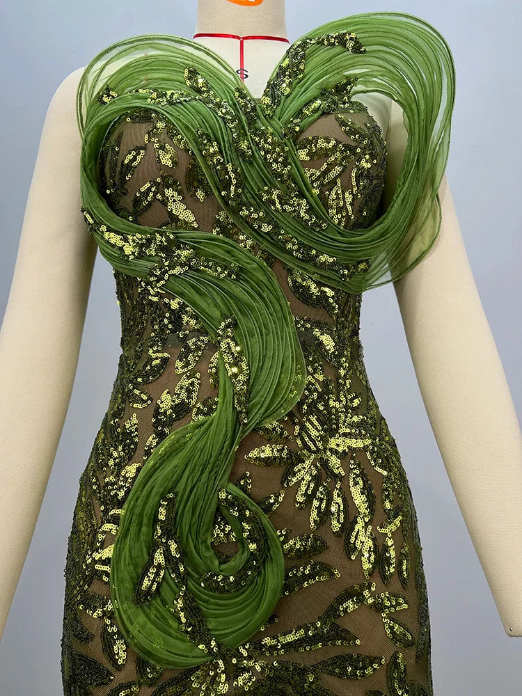 Green Strapless 3D Mesh Sequin Mini Dress | Sparkly Cocktail Gown