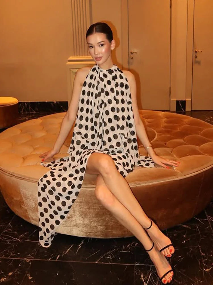 Polka Dot Halter Asymmetrical Maxi Dress, Backless