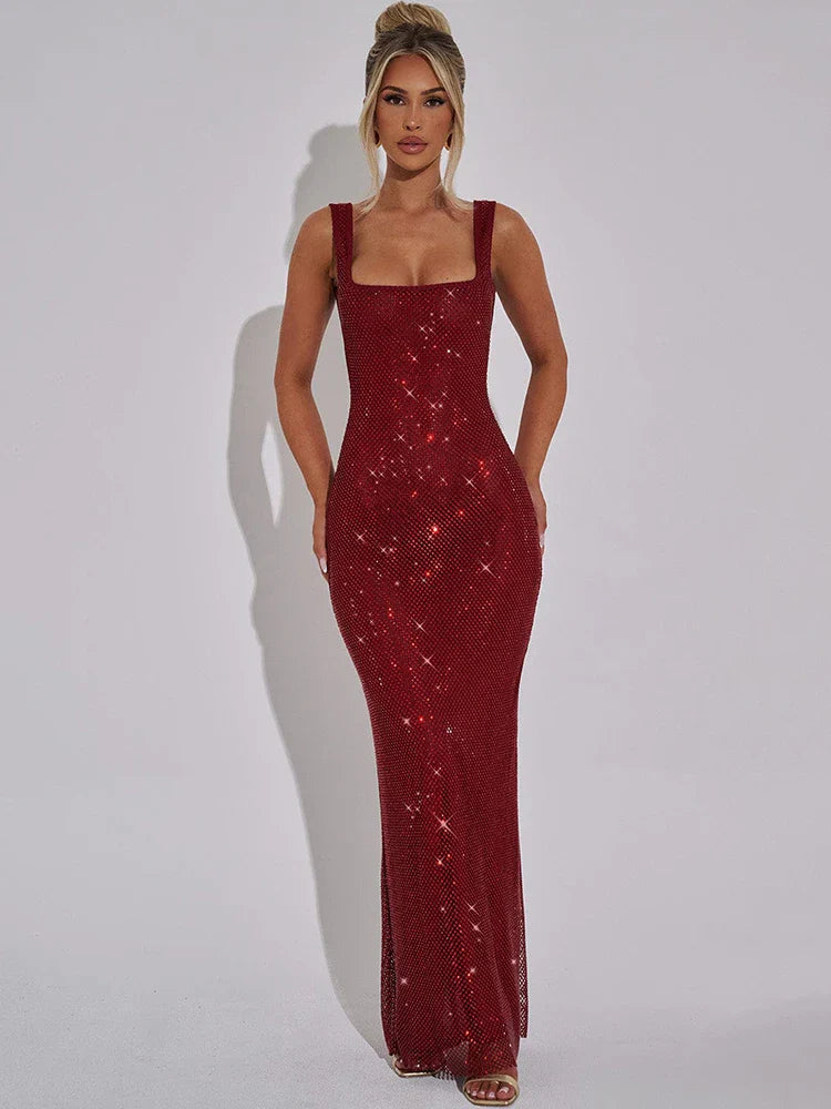 Sparkle Sequin Backless Maxi Dress – Sleeveless Club Gown with Square Neck