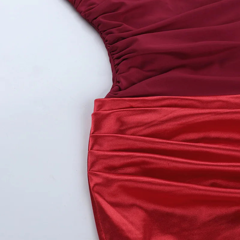 Red One-Shoulder Satin Drape Maxi Dress