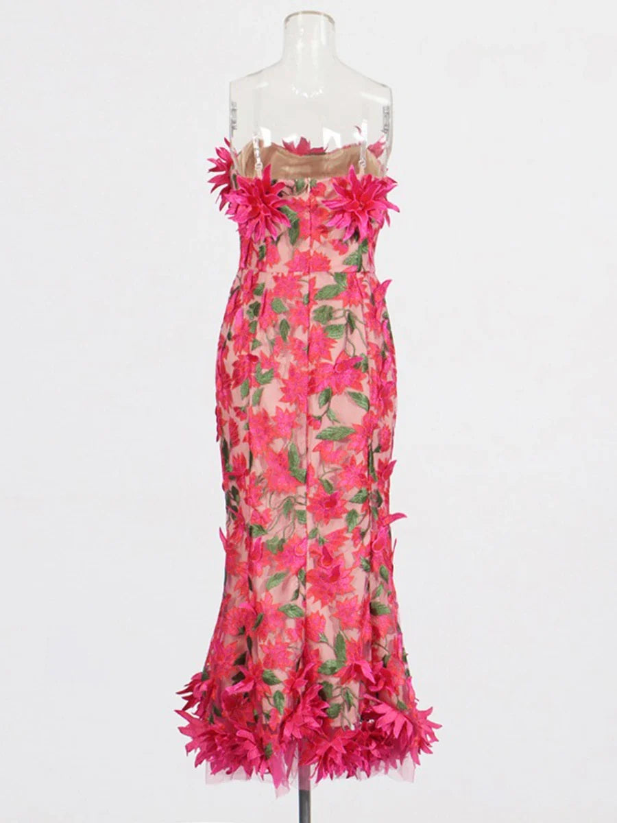 Pink Floral Embroidery Strapless Long Dress