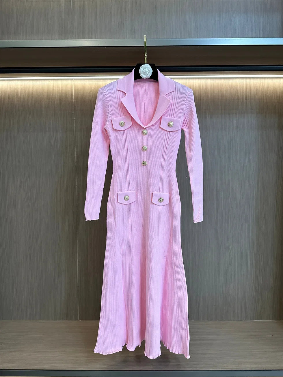 Elegant V-Neck Knitted Midi Sweater Dress – Slim Fit Long Sleeve Knitwear for Women