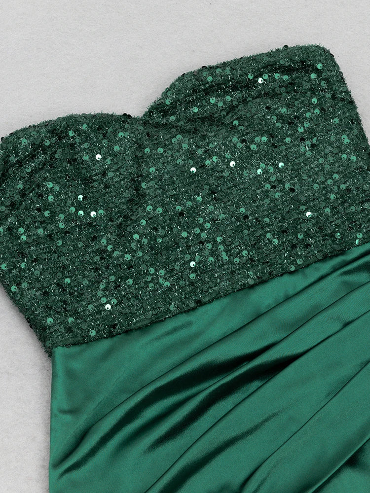 Green Black Strapless Sequin Maxi Dress | Draped Slim Gown