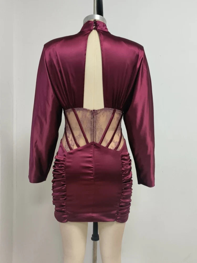 Burgundy Mesh Corset Mini Dress | Lace Detail Runway Look