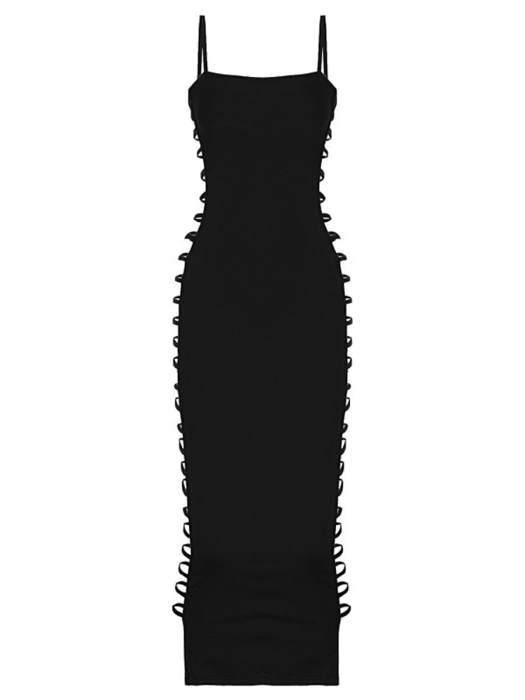 Black Side Cutout Spaghetti Strap Bodycon Dress – Sleek Club Party Long Dress
