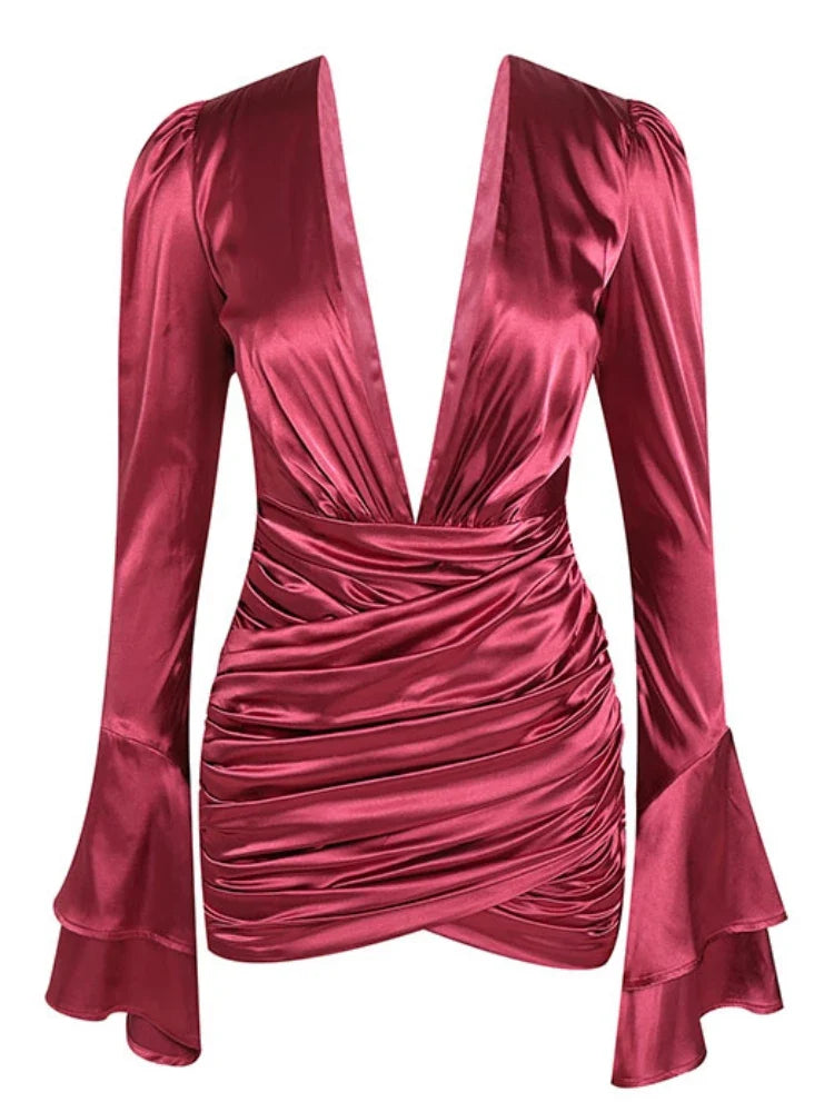 Satin Deep V Neck Mini Dress with Flared Sleeves