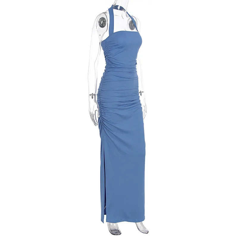Blue Pleated Halter Maxi Dress | Elegant Summer Party Edit