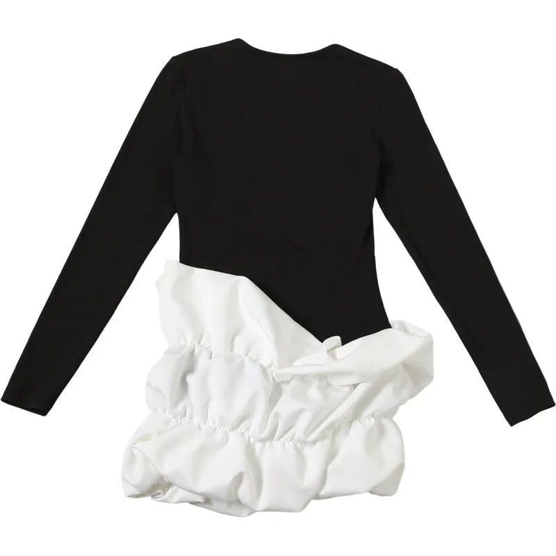 Black V-Neck Long Sleeve Puff-Hem Mini Dress