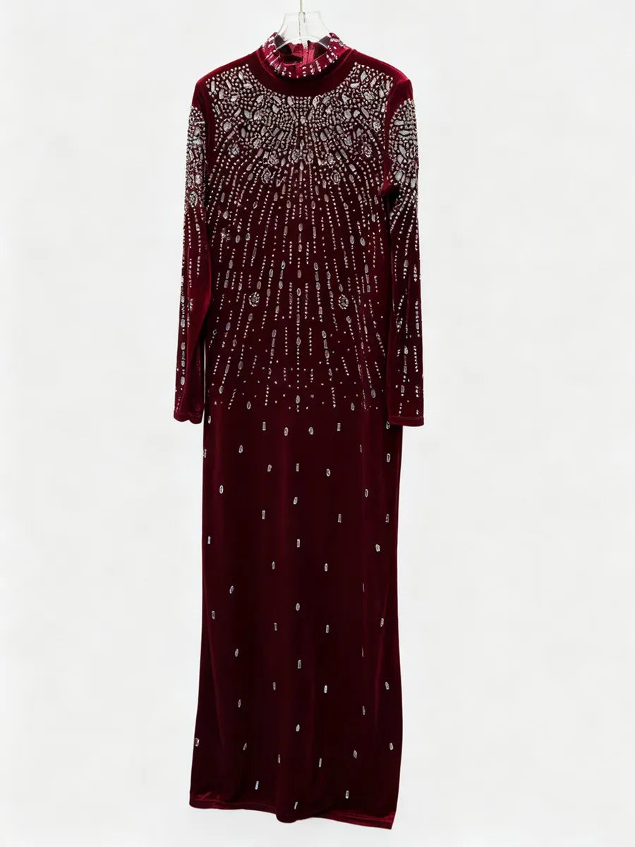 Sequin Beaded High Neck Long Sleeve Maxi Dress
