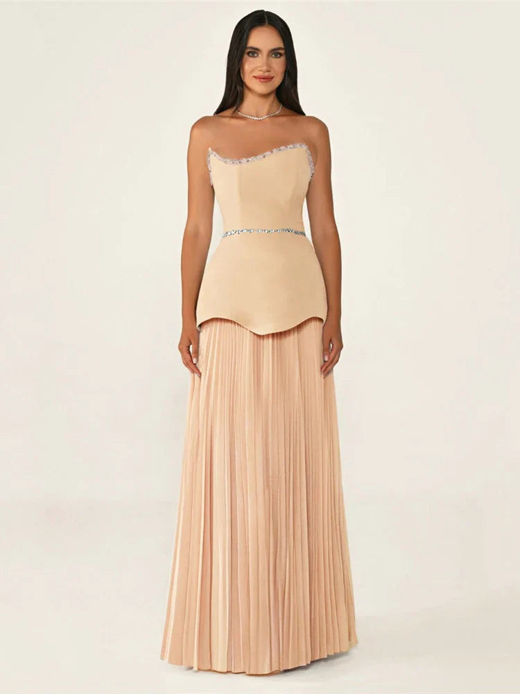 Strapless Crystal-Trim Pleated Silhouette Gown