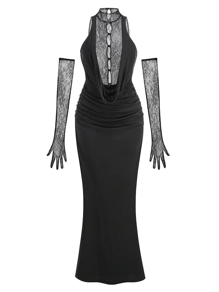 Black evening gown with lace sleeves on a white background