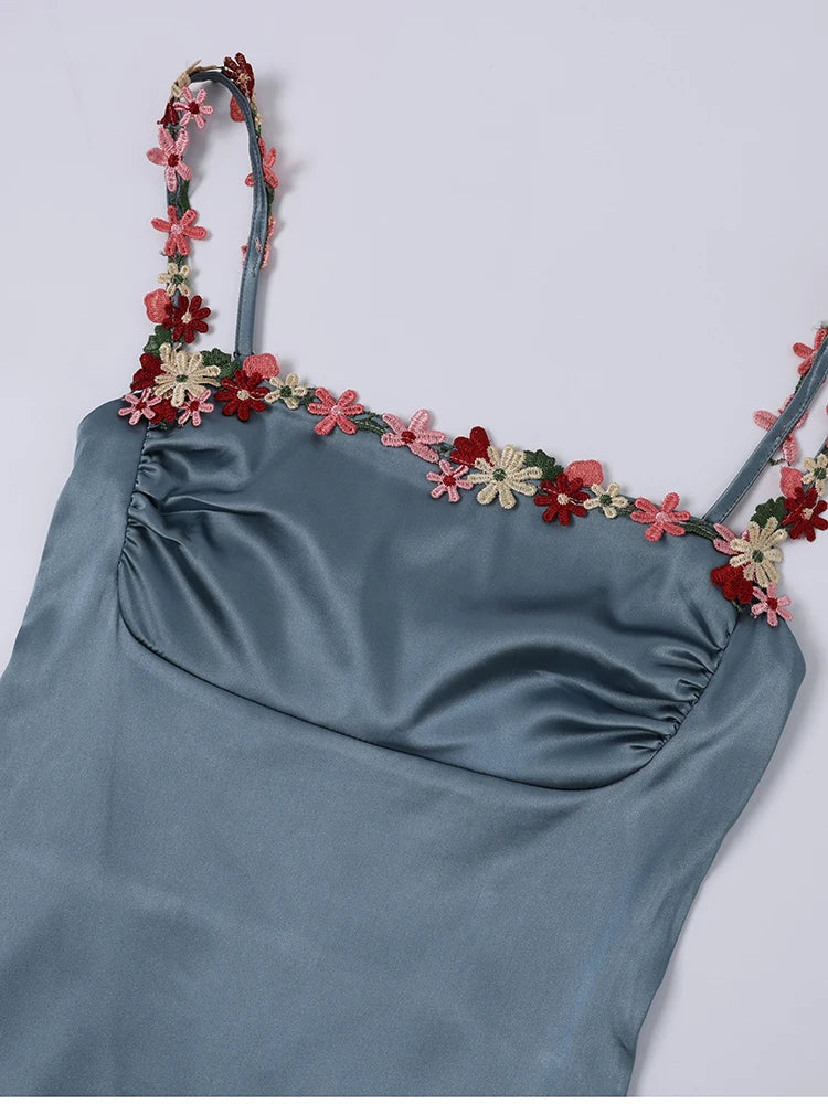 Floral Strap Green Satin Mini Dress