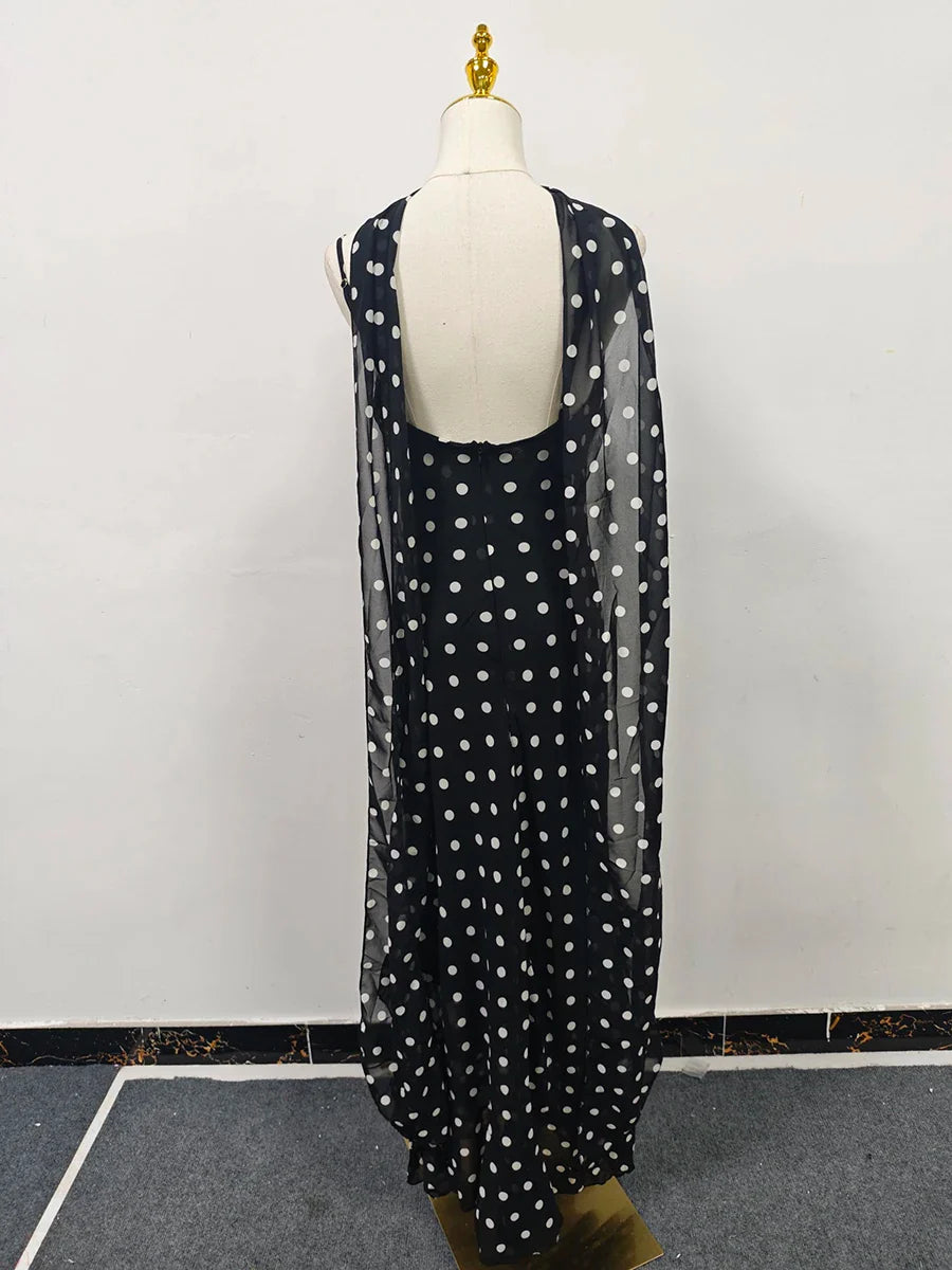Polka Dot High-Slit Maxi Dress – Sleeveless Slim Fit Scarf Neck Gown