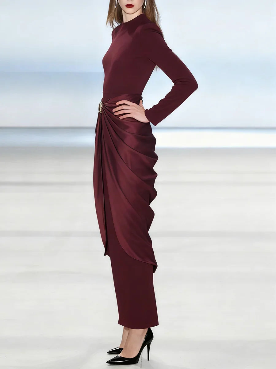 Satin Drape Maxi Dress with Shirred Waist and Long Sleeves