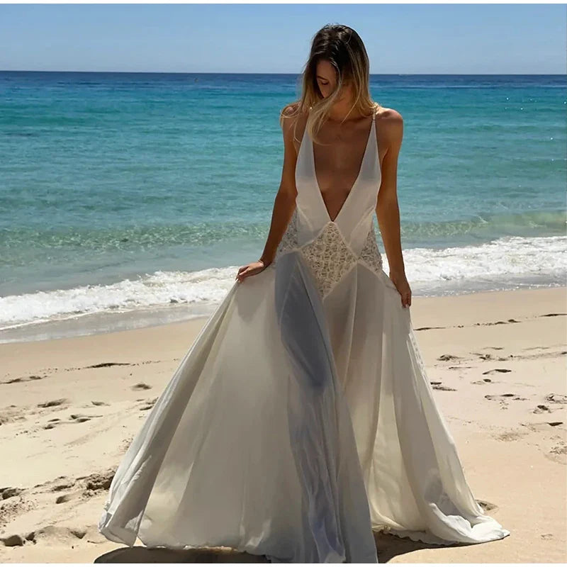 White Pleated Deep V-Neck Backless Maxi Dress