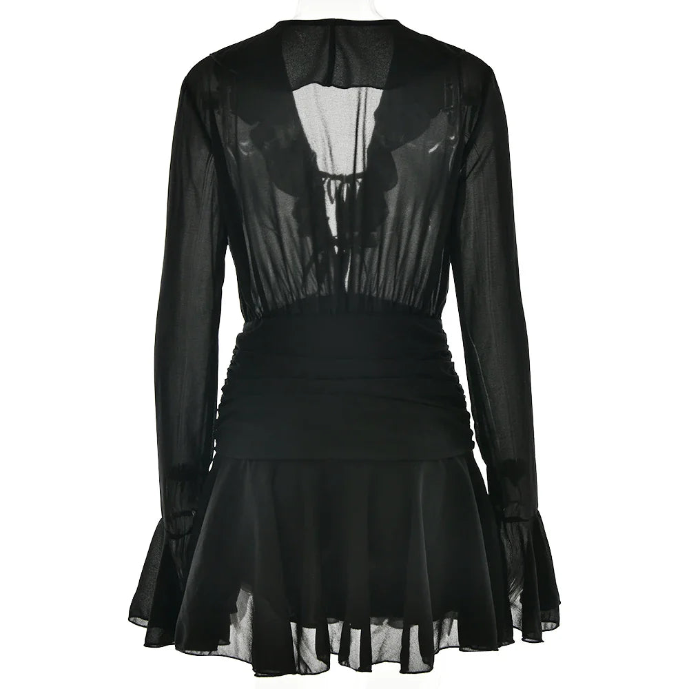 Ruffled Lace-Up Long Sleeve Mini Dress