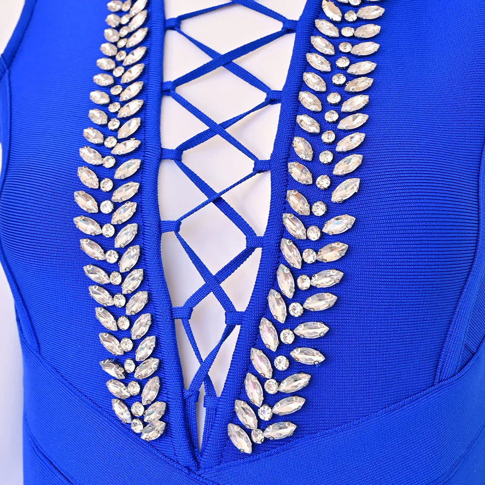 Blue Lace Up Bandage Mini Dress | Crystal Detail Glam Fit