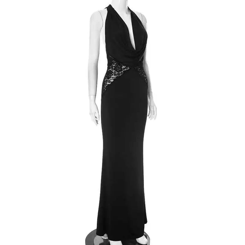 Black Lace Spliced Deep V Halter Evening Gown