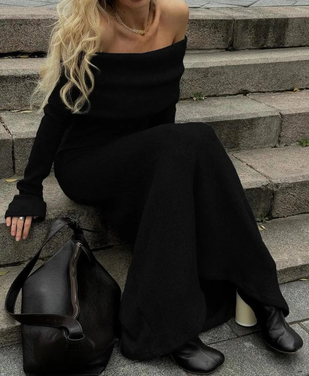 Off-Shoulder Slim Knit Maxi Dress
