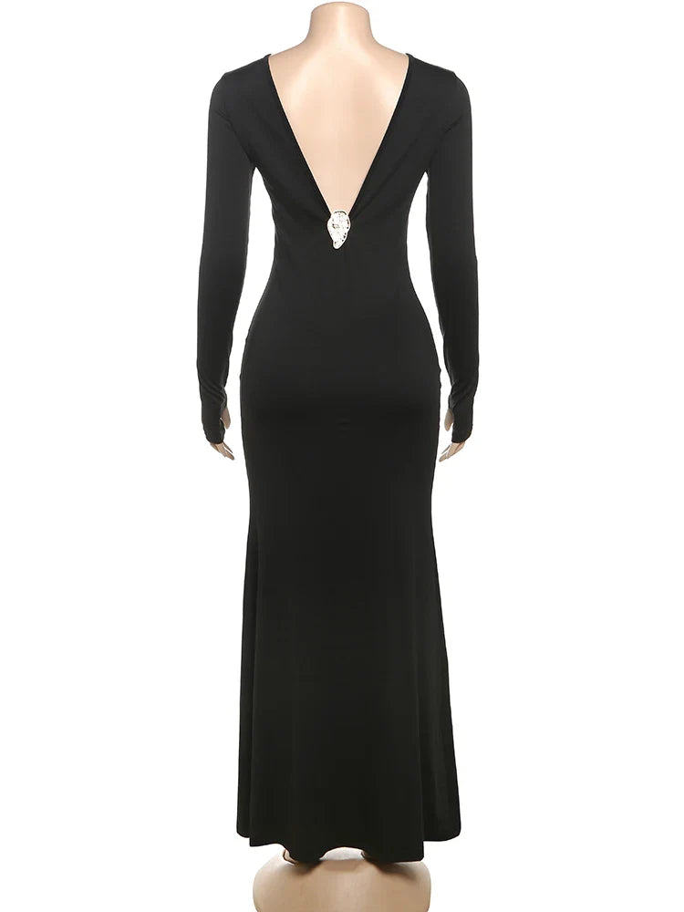 Deep V Backless Long Sleeve Maxi Dress