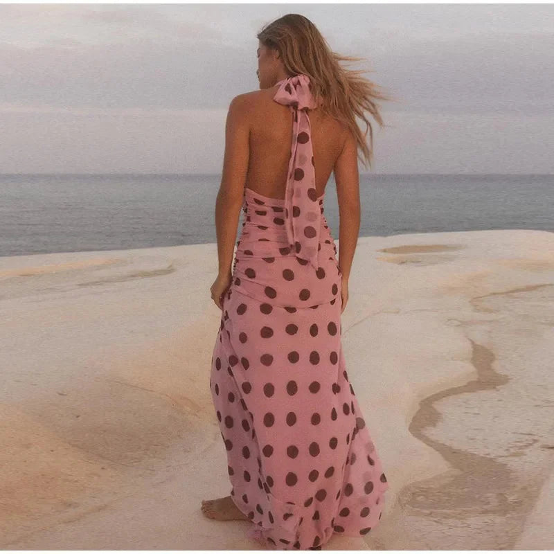 Pink Polka Dot Halter Dress | Backless Summer Maxi
