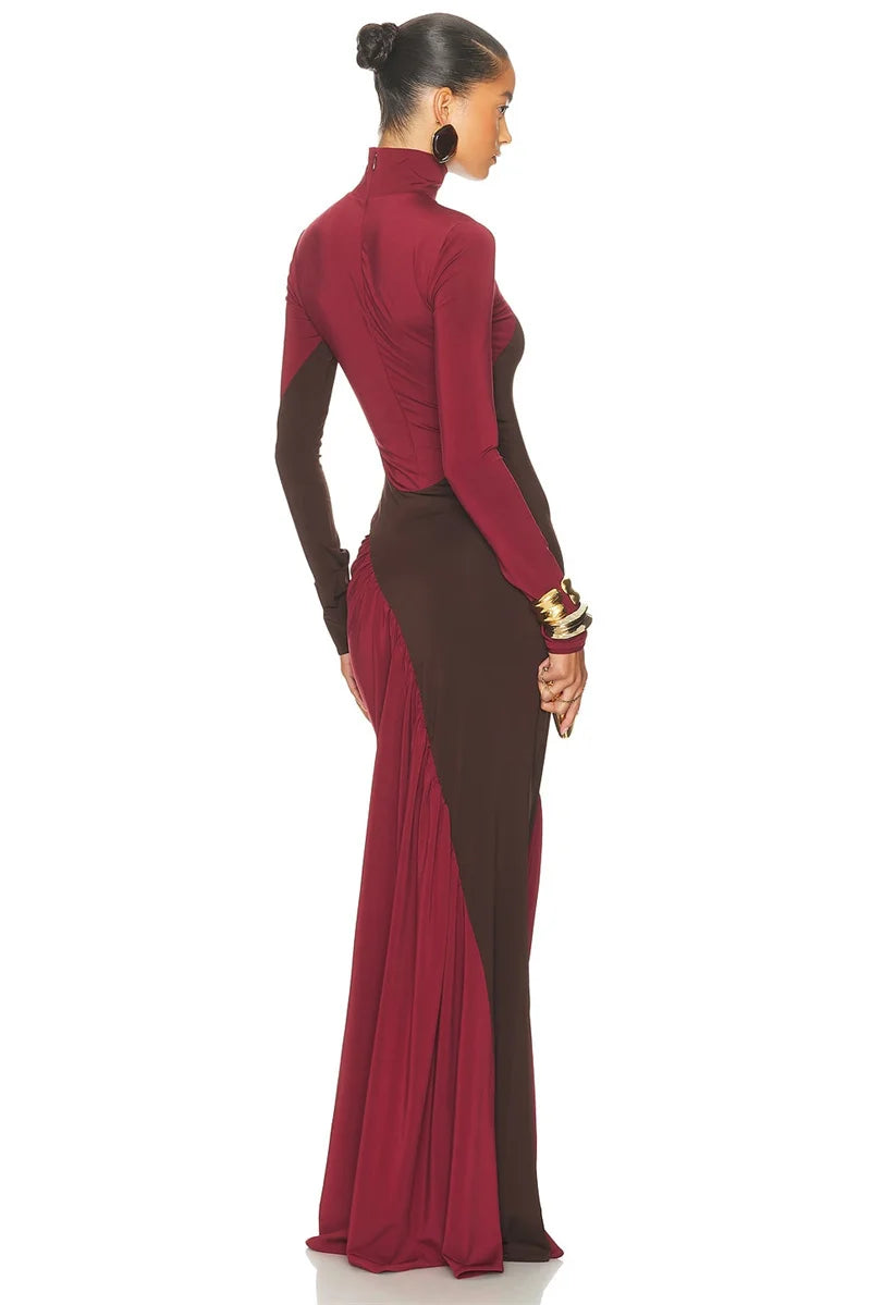 Turtleneck Long Sleeve Two Tone Pleated Maxi Dress