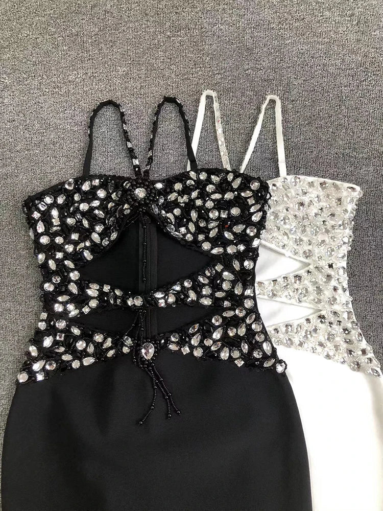 Black White Crystal Beaded Halter Dress | Backless Midi Gown