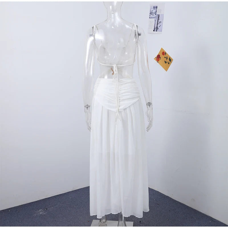 Hollow Out Pleated Maxi Dress - Halter Backless A-Line Robe