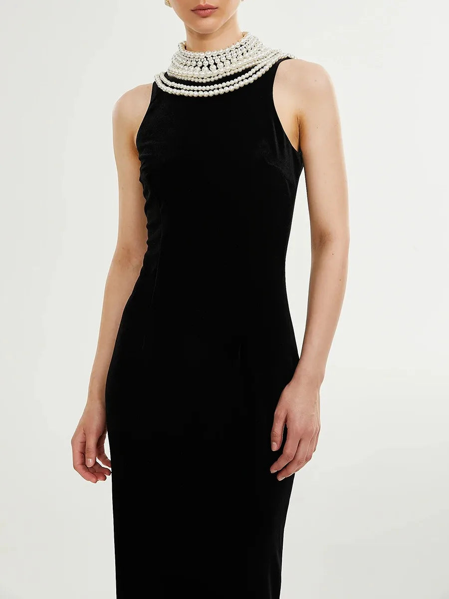 Black Velvet Maxi Dress with Draped Pearl Chain Back