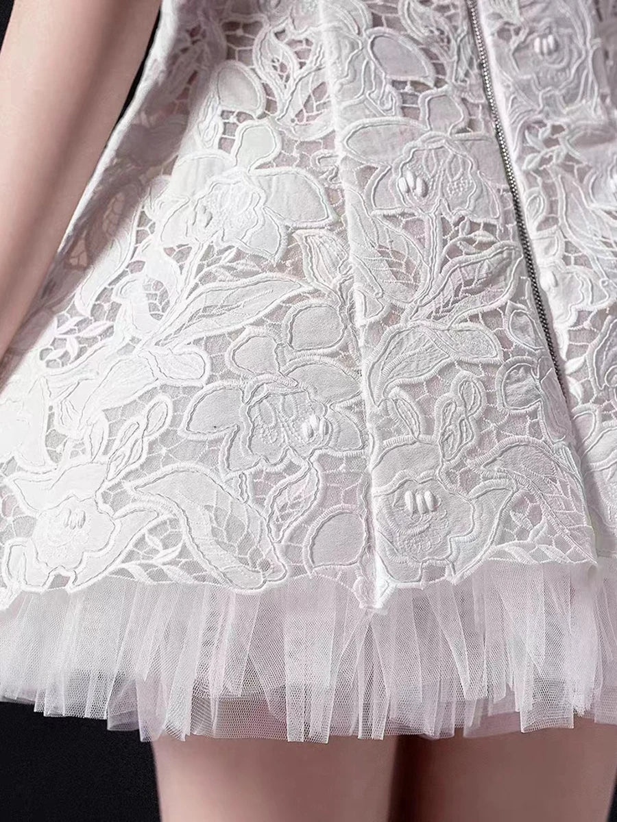 White Lace Strapless Mini Dress | Elegant Mesh Patchwork Look