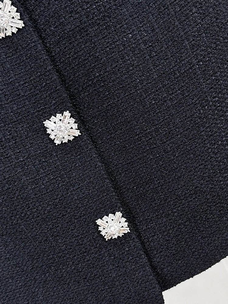 Black Tweed Mini Dress with Diamond Buttons
