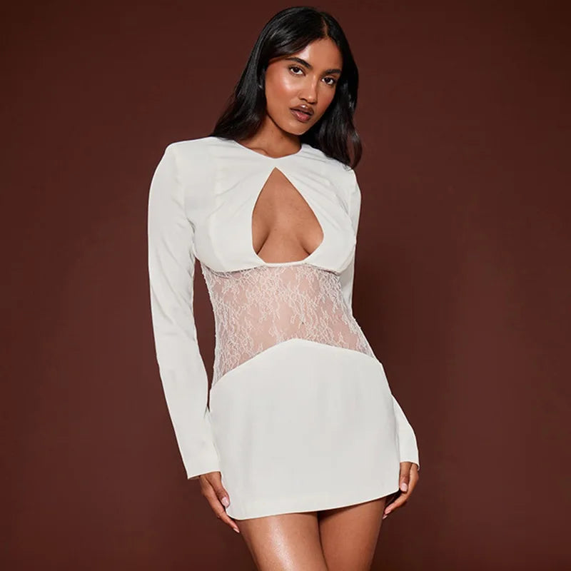 Lace Waist Cutout Long Sleeve Mini Dress