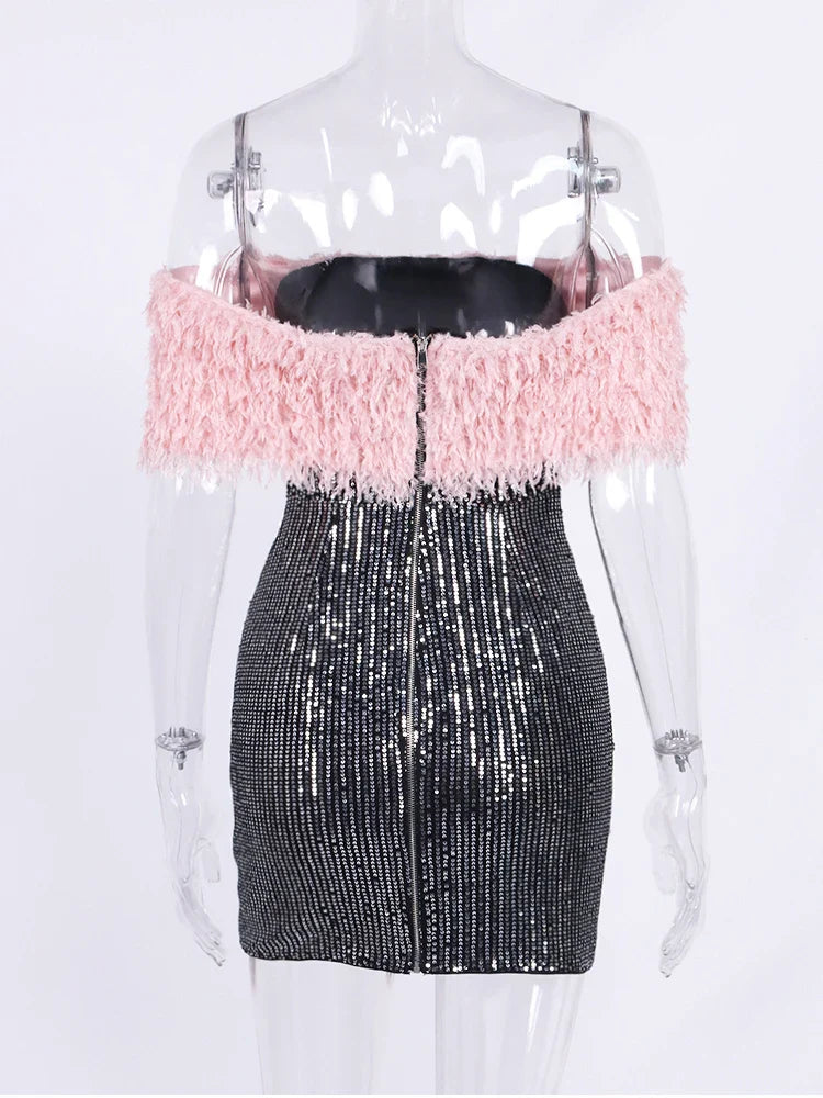 Black Sequin Pink Fur Off-Shoulder Tube Mini Dress