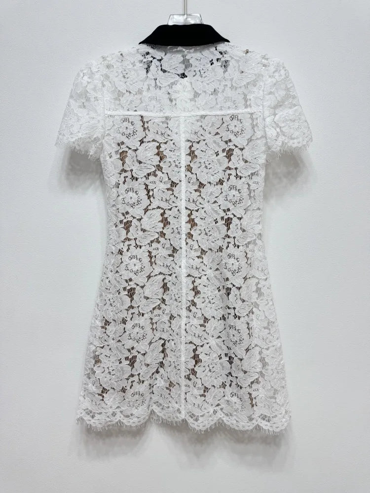 White Lace Short Summer Dress with Black Collar – Embroidered Fit & Flare Pocket Dress
