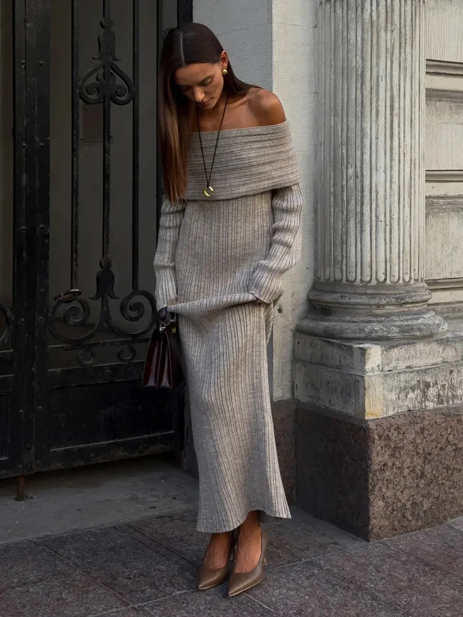 Knitted Off-Shoulder Long-Sleeved Maxi Dress