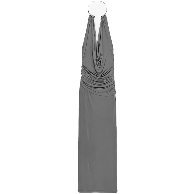Grey Halter Cowl-neck Draped Maxi Dress