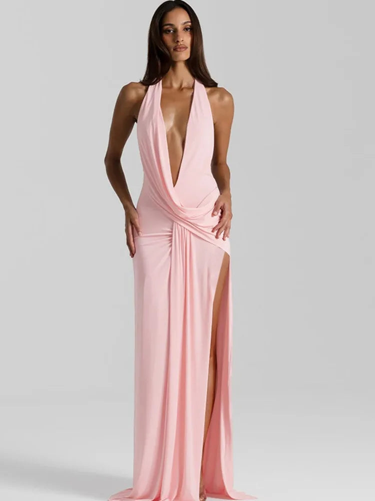 Halter Deep V-Neck Draped Maxi Dress