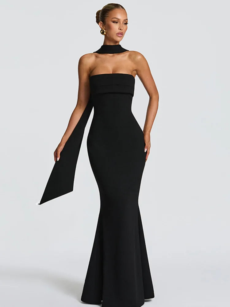 Strapless Maxi Dress with Sculpted Scarf Collar